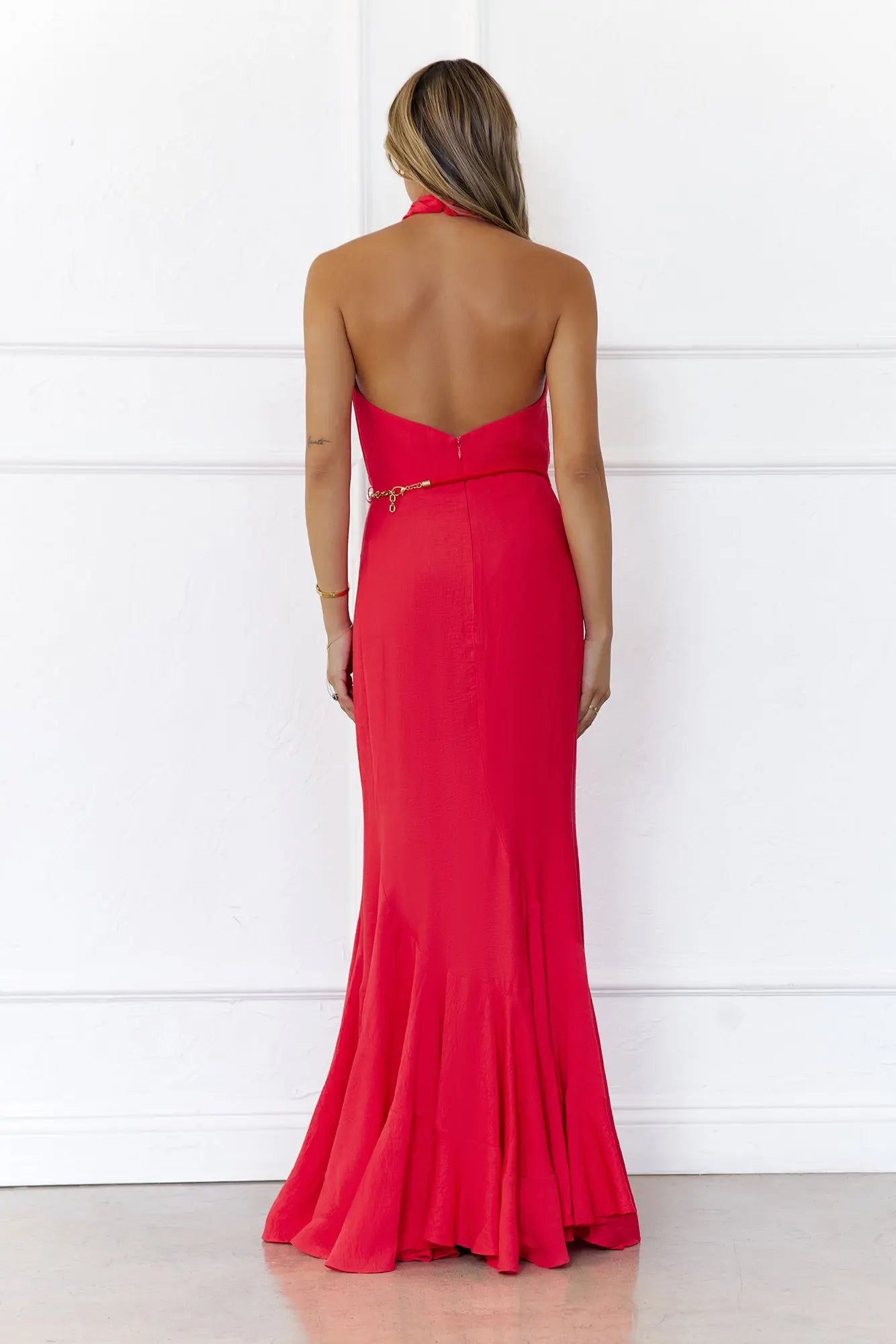 Stylish Mermaid Halter Beaded Open Back Coral Maxi Prom Dress With Flared Hem