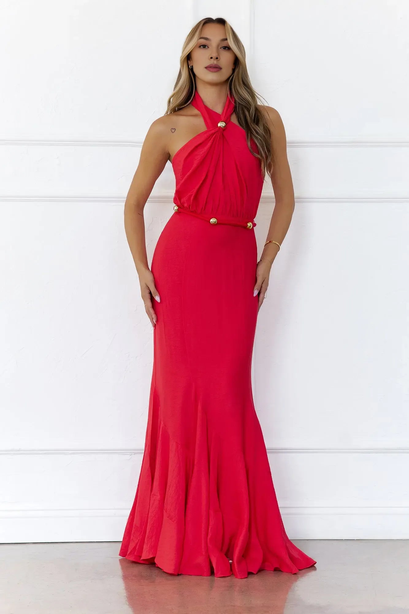Stylish Mermaid Halter Beaded Open Back Coral Maxi Prom Dress With Flared Hem