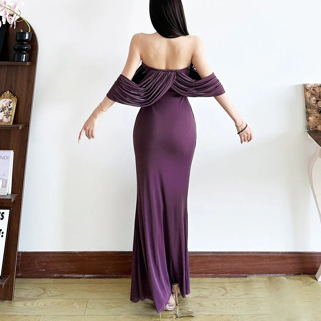 Stylish Mermaid Off-Shoulder Ruched Flowing Lace Purple Floor-Length Prom Dress
