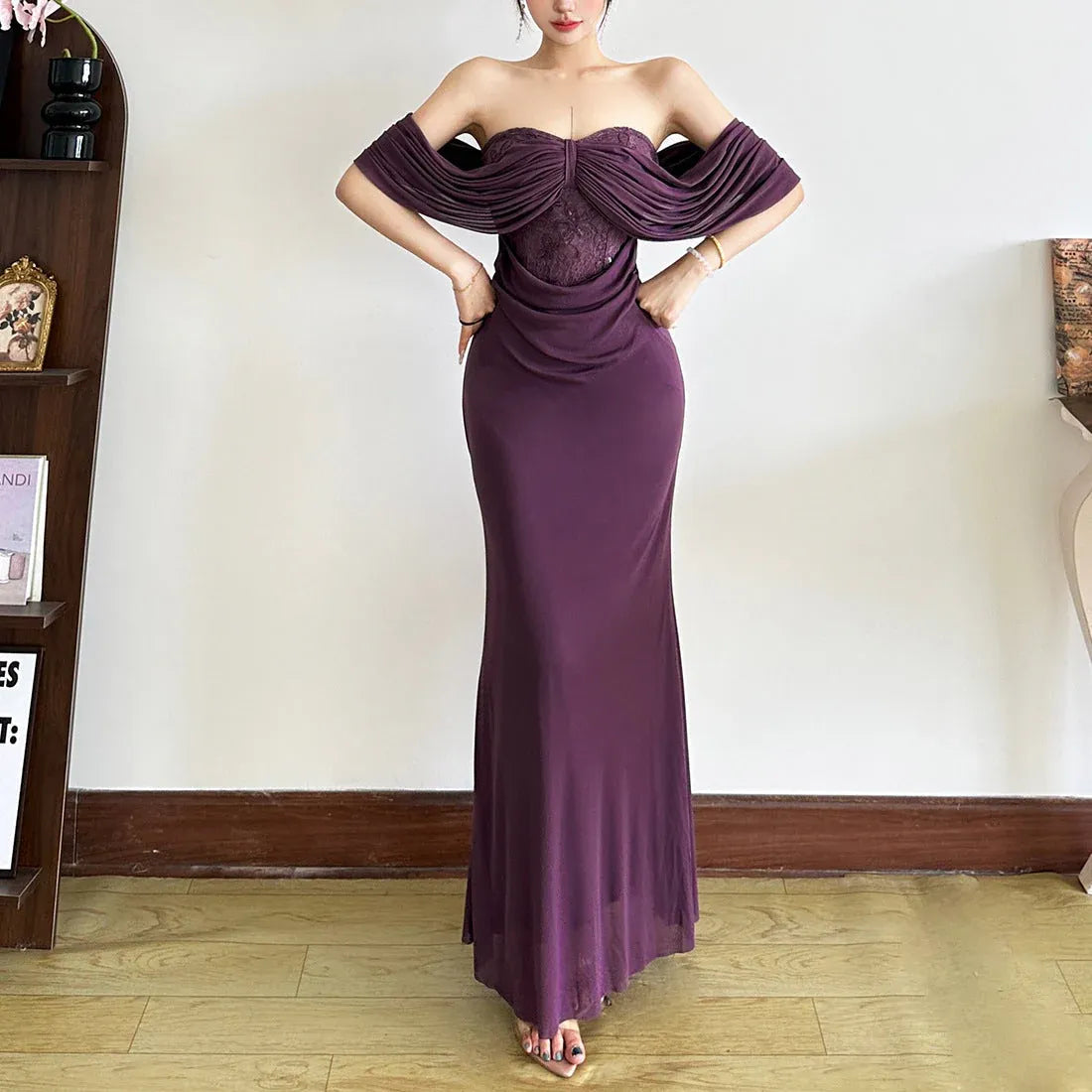 Stylish Mermaid Off-Shoulder Ruched Flowing Lace Purple Floor-Length Prom Dress