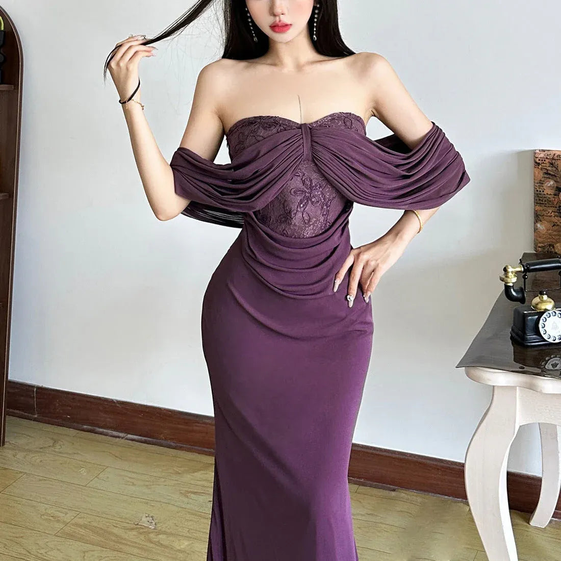 Stylish Mermaid Off-Shoulder Ruched Flowing Lace Purple Floor-Length Prom Dress