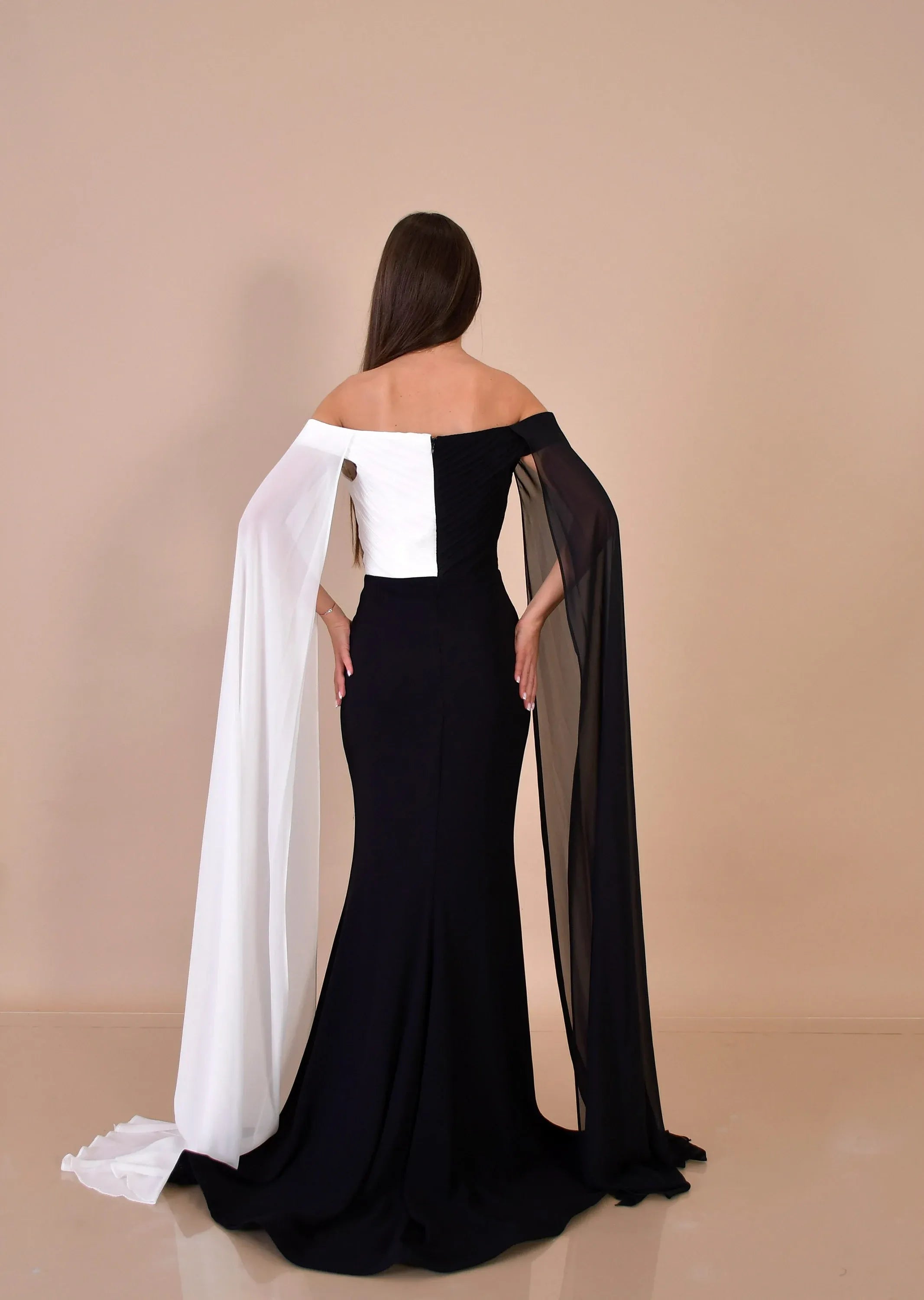 Stylish Mermaid Off Shoulder Cape Sleeve Black White Long Prom Dress Hot Sale