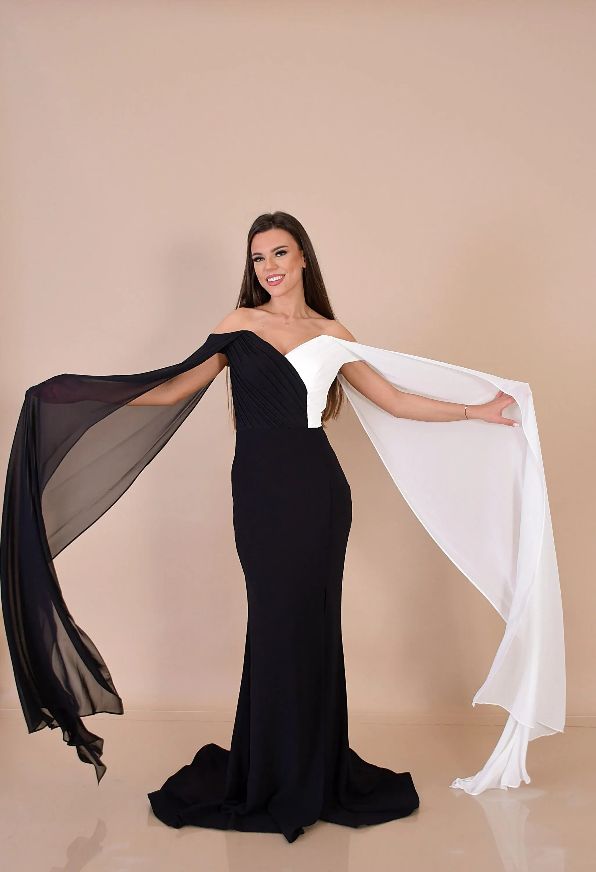 Stylish Mermaid Off Shoulder Cape Sleeve Black White Long Prom Dress Hot Sale