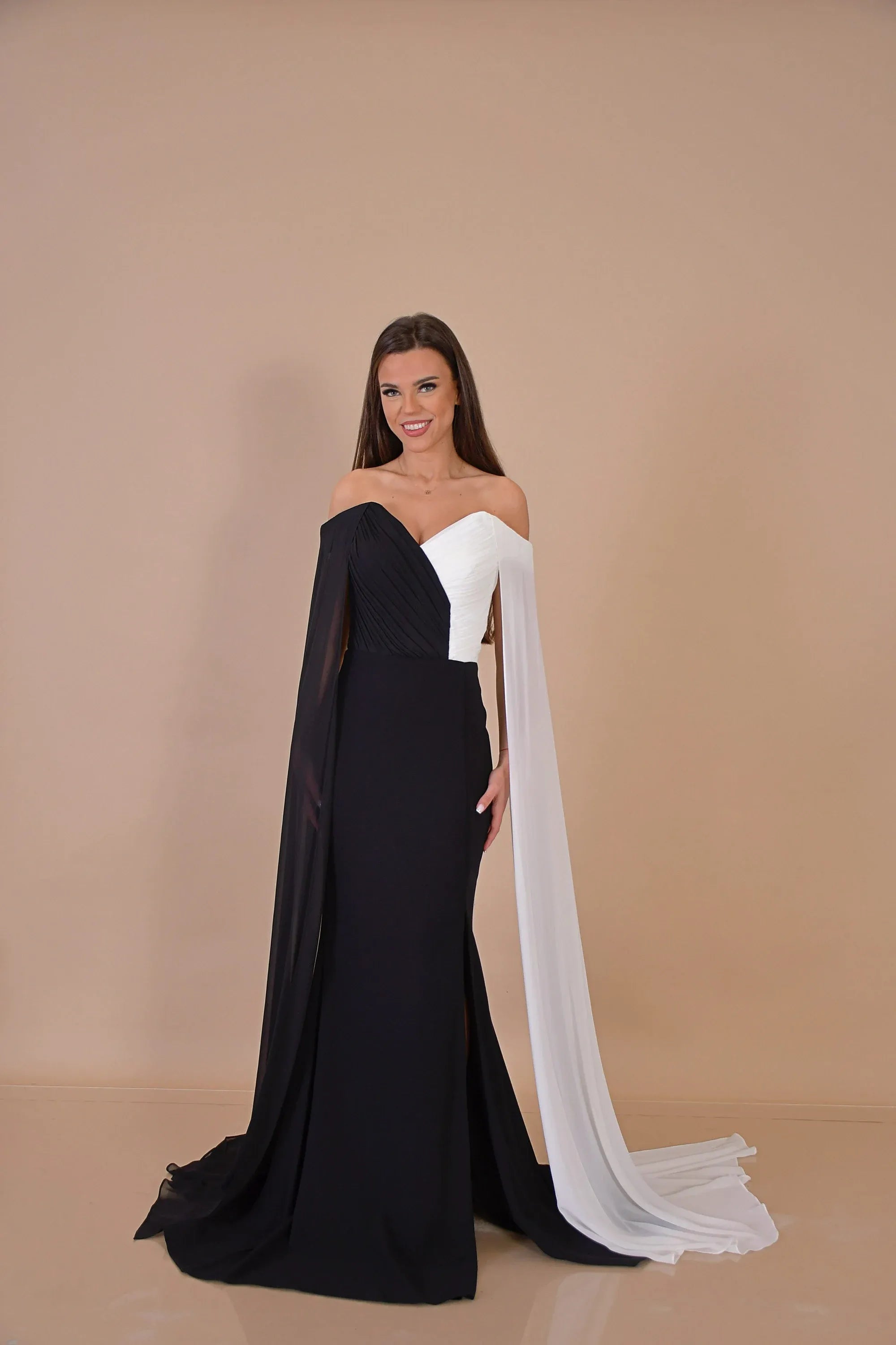 Stylish Mermaid Off Shoulder Cape Sleeve Black White Long Prom Dress Hot Sale