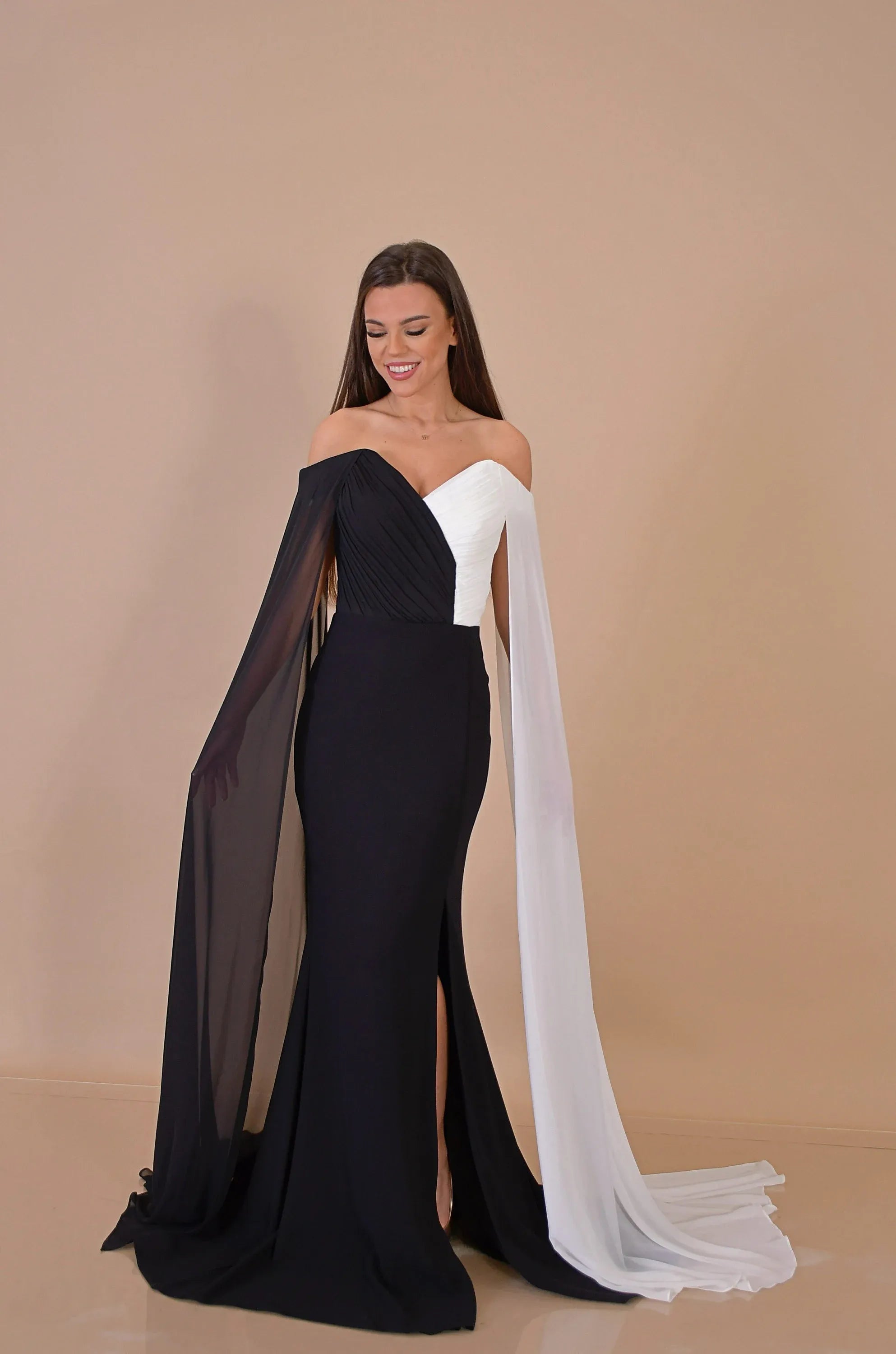 Stylish Mermaid Off Shoulder Cape Sleeve Black White Long Prom Dress Hot Sale