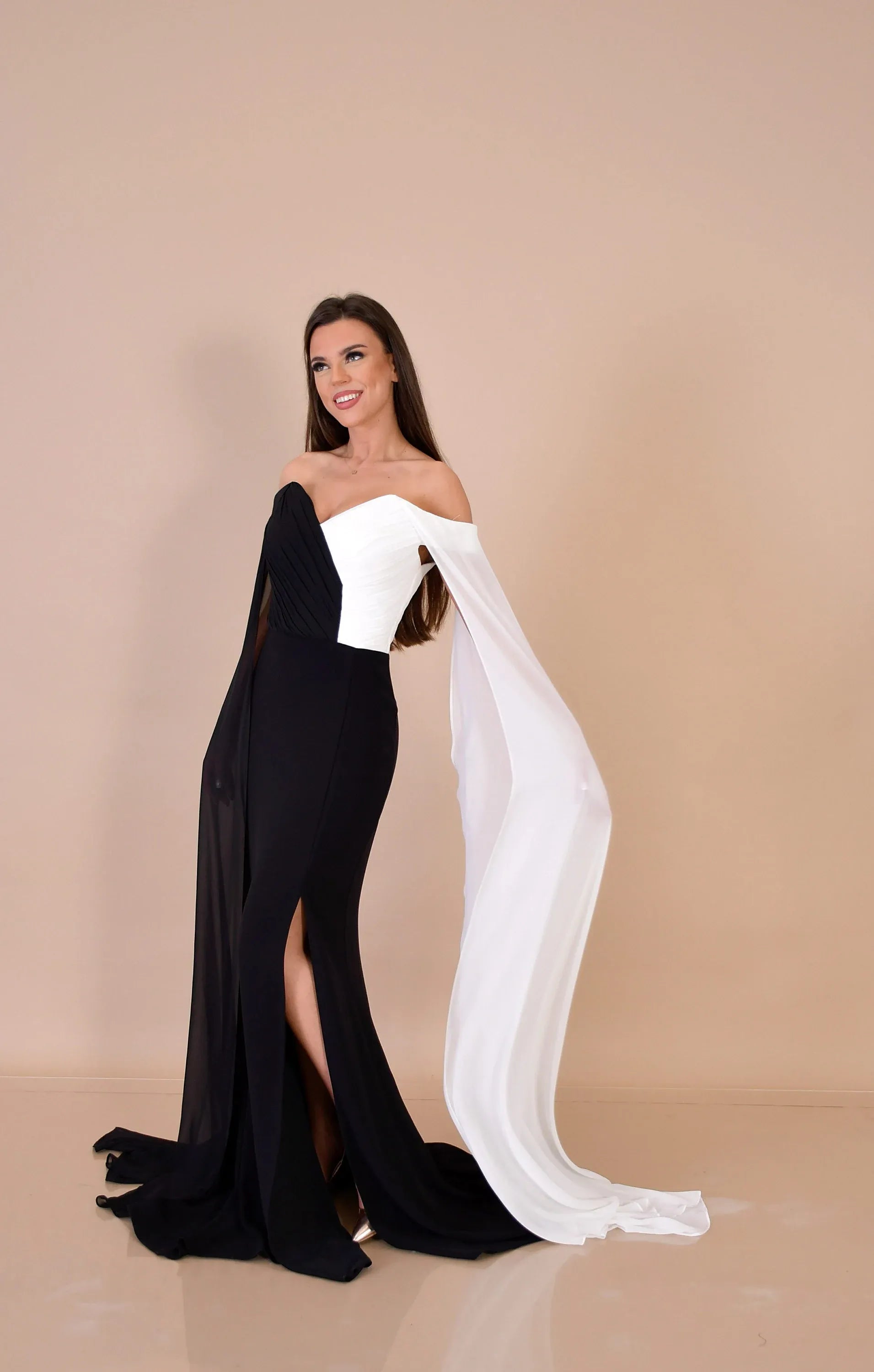 Stylish Mermaid Off Shoulder Cape Sleeve Black White Long Prom Dress Hot Sale
