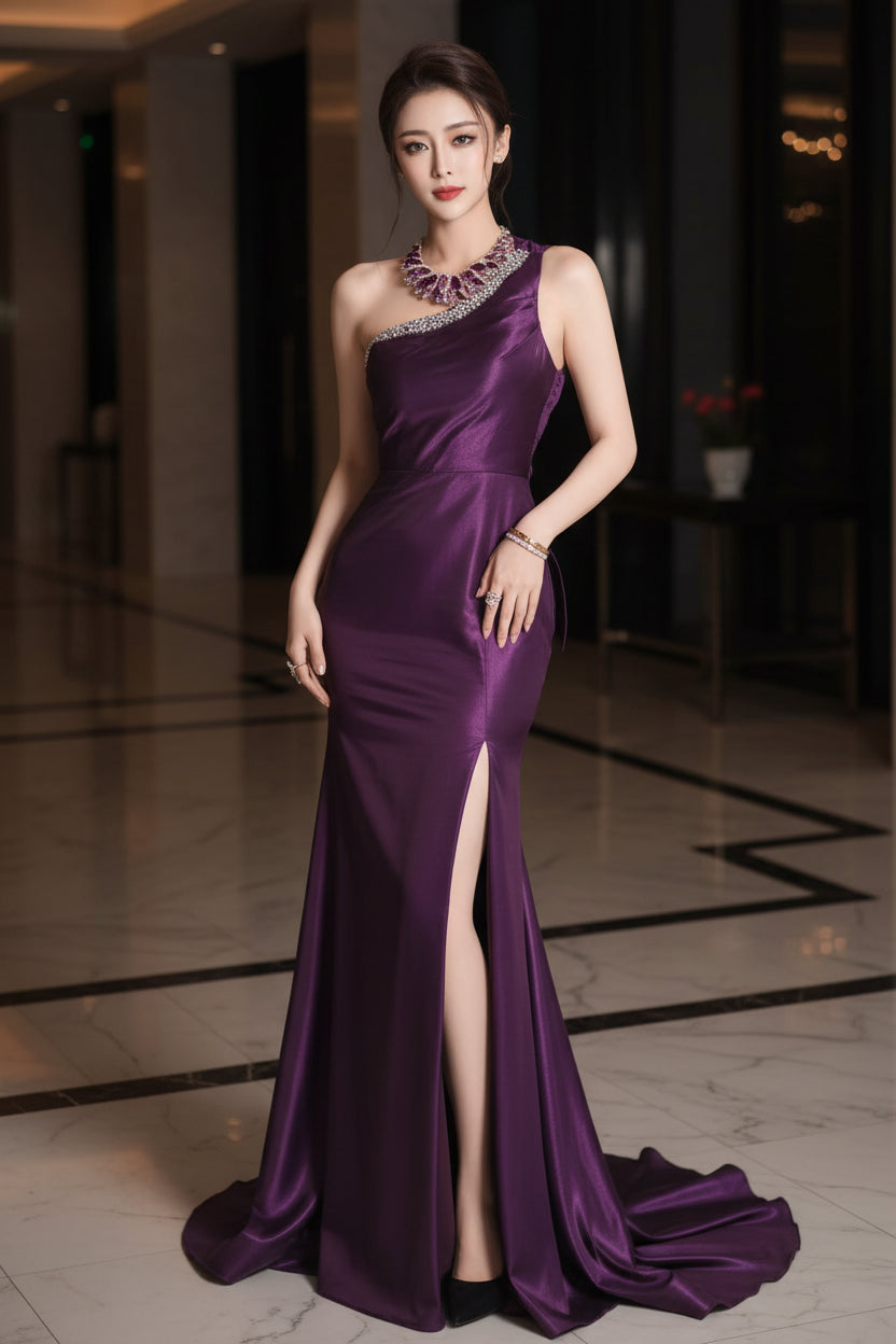 Stylish Mermaid One Shoulder Beaded Satin Purple Prom Dress With High Slit