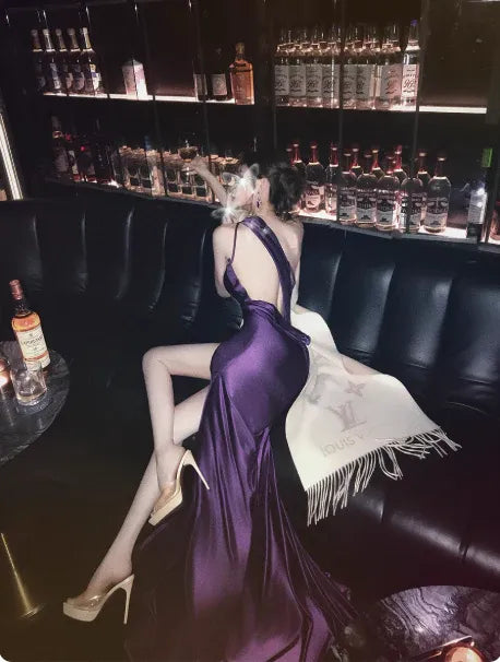 Stylish Mermaid One Shoulder Beaded Satin Purple Prom Dress With High Slit