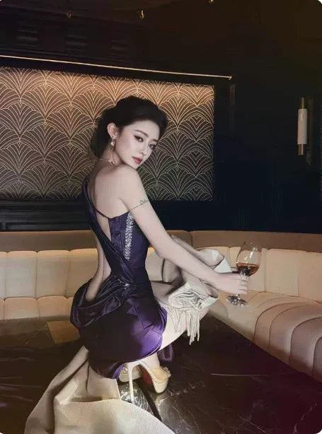 Stylish Mermaid One Shoulder Beaded Satin Purple Prom Dress With High Slit