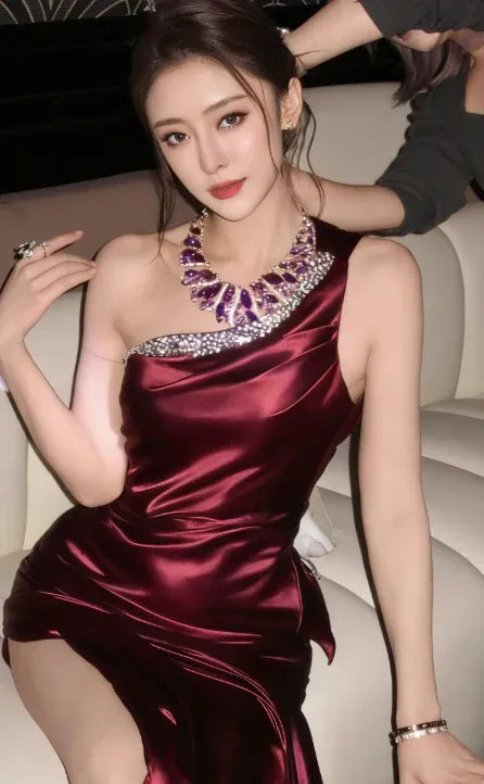 Stylish Mermaid One Shoulder Beaded Satin Purple Prom Dress With High Slit