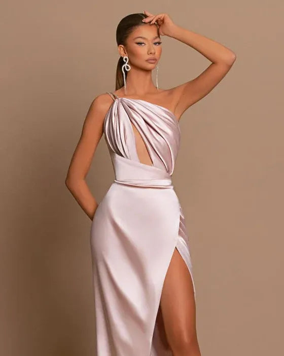 Stylish Mermaid One Shoulder Cutout Satin Blush Floor Length Prom Dress With Slit