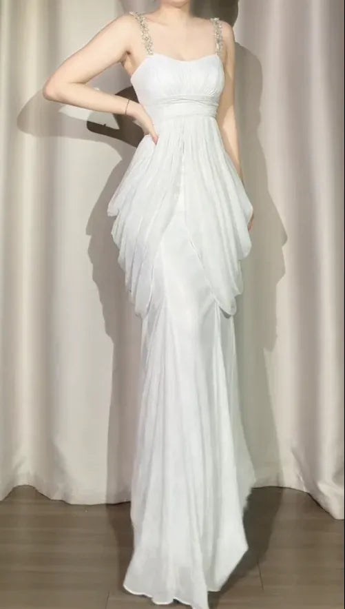 Stylish Mermaid Spaghetti Strap Beaded Ruched Chiffon White Long Prom Dress