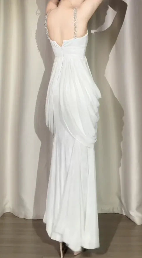 Stylish Mermaid Spaghetti Strap Beaded Ruched Chiffon White Long Prom Dress