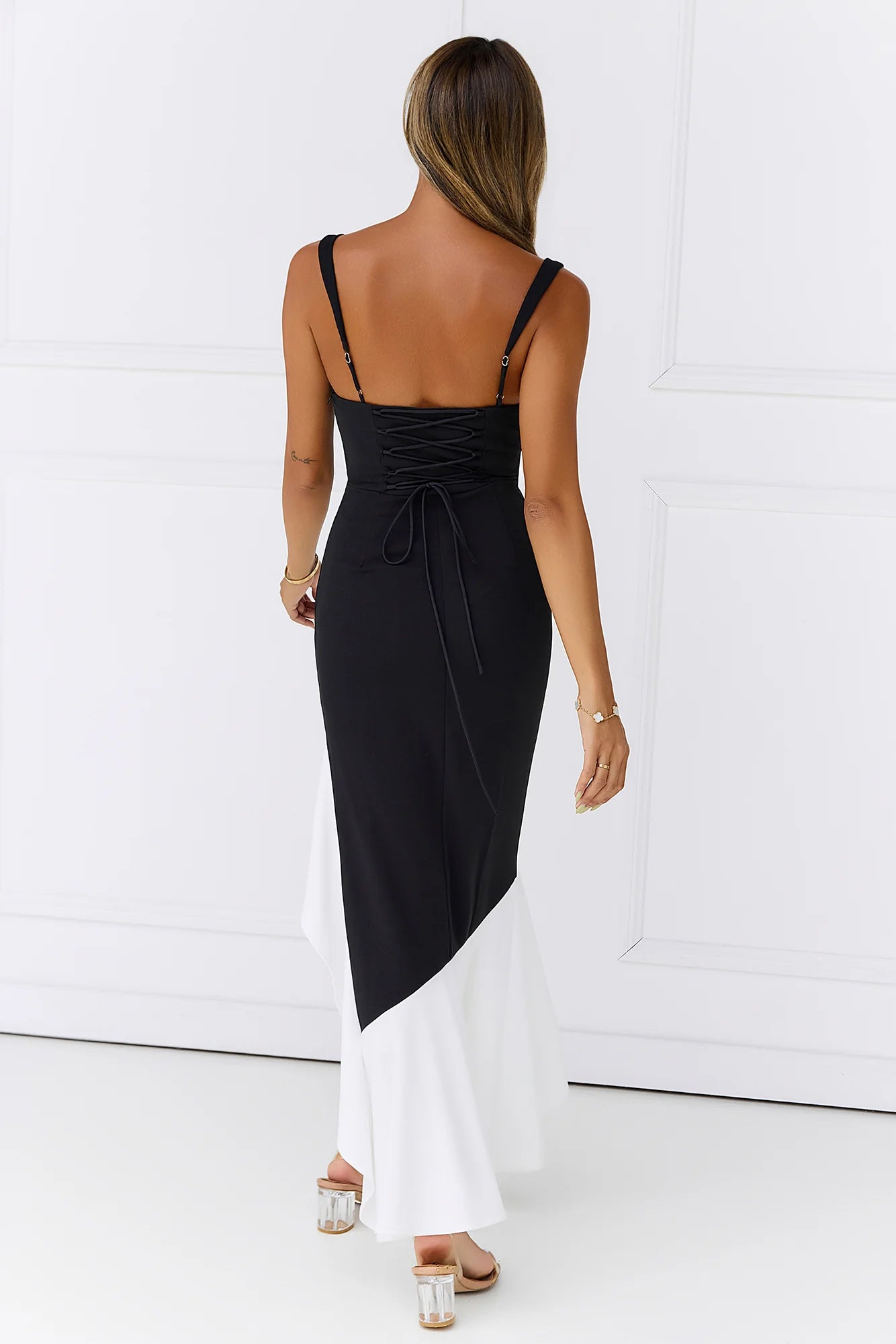 Stylish Mermaid Square Neck Ruffle Black Maxi Evening Dress With White Hem