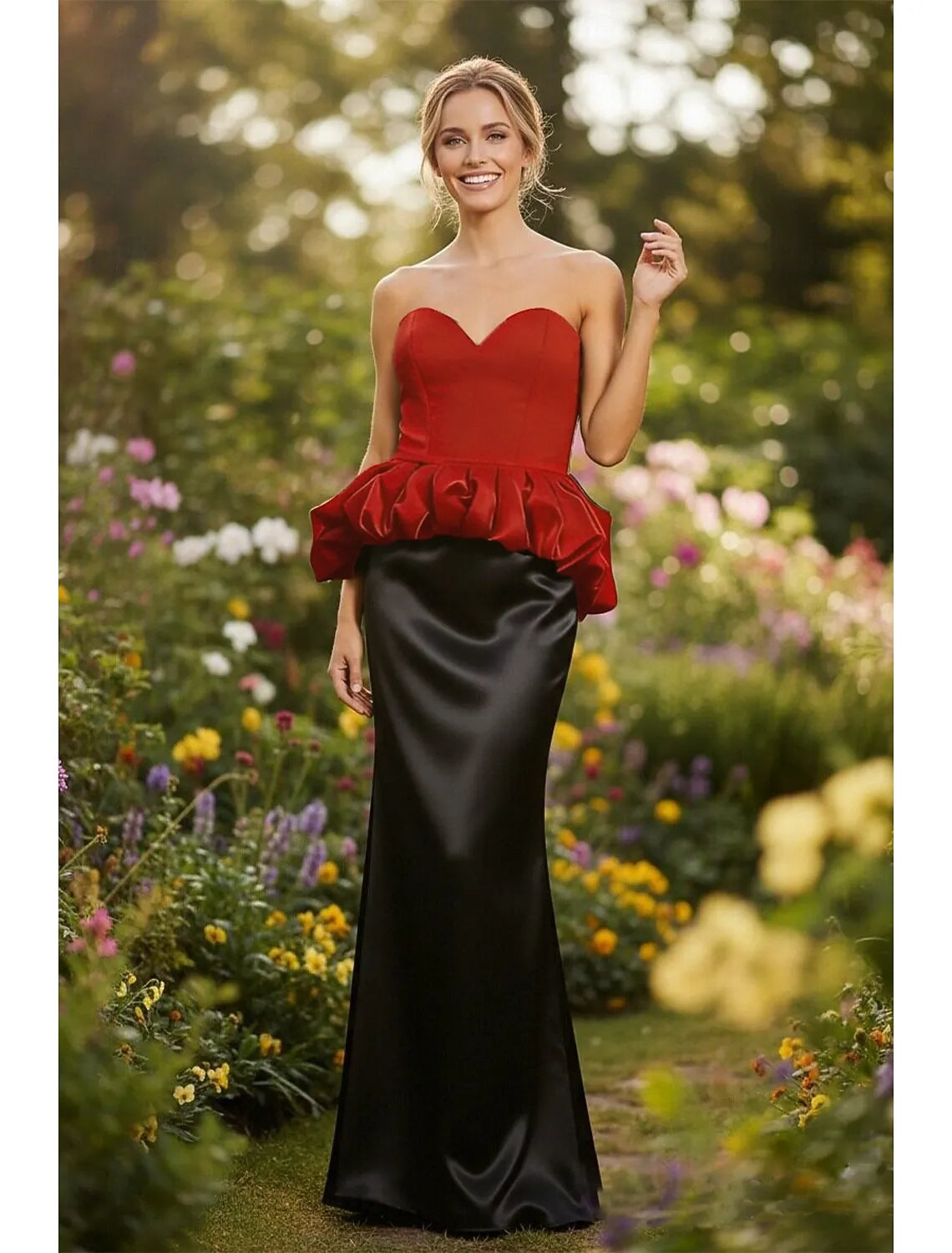 Stylish Mermaid Strapless Colorblock Red Black Maxi Prom Dress With Bubble Hem