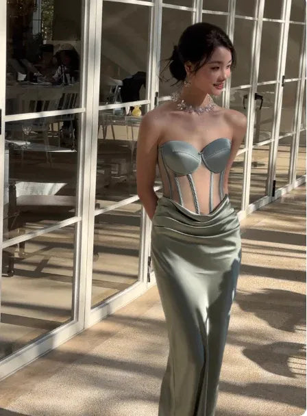 Stylish Mermaid Strapless Corset Ruched Satin Sage Maxi Prom Dress Hot Sale