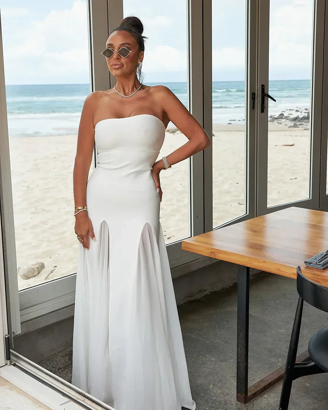 Stylish Mermaid Strapless Godet Mesh White Floor Length Prom Dress