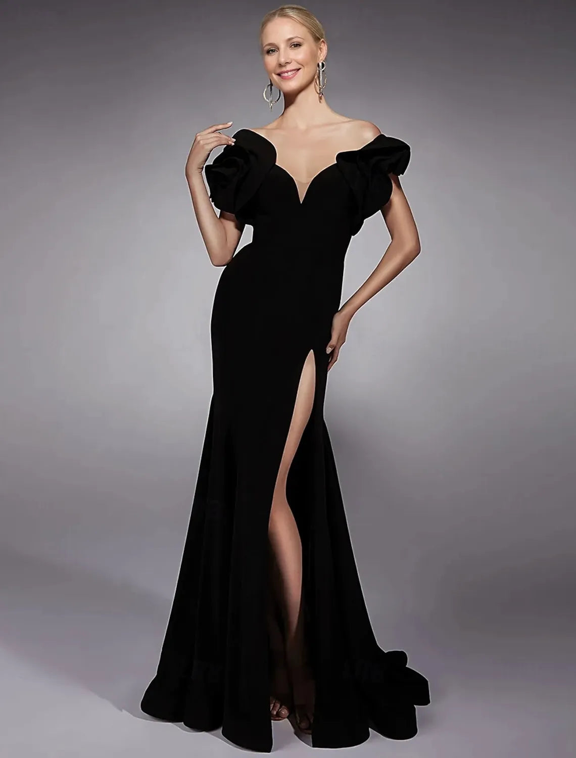 Stylish Mermaid V Neck Short Sleeve Ruffle Black Train Prom Dress With Slit