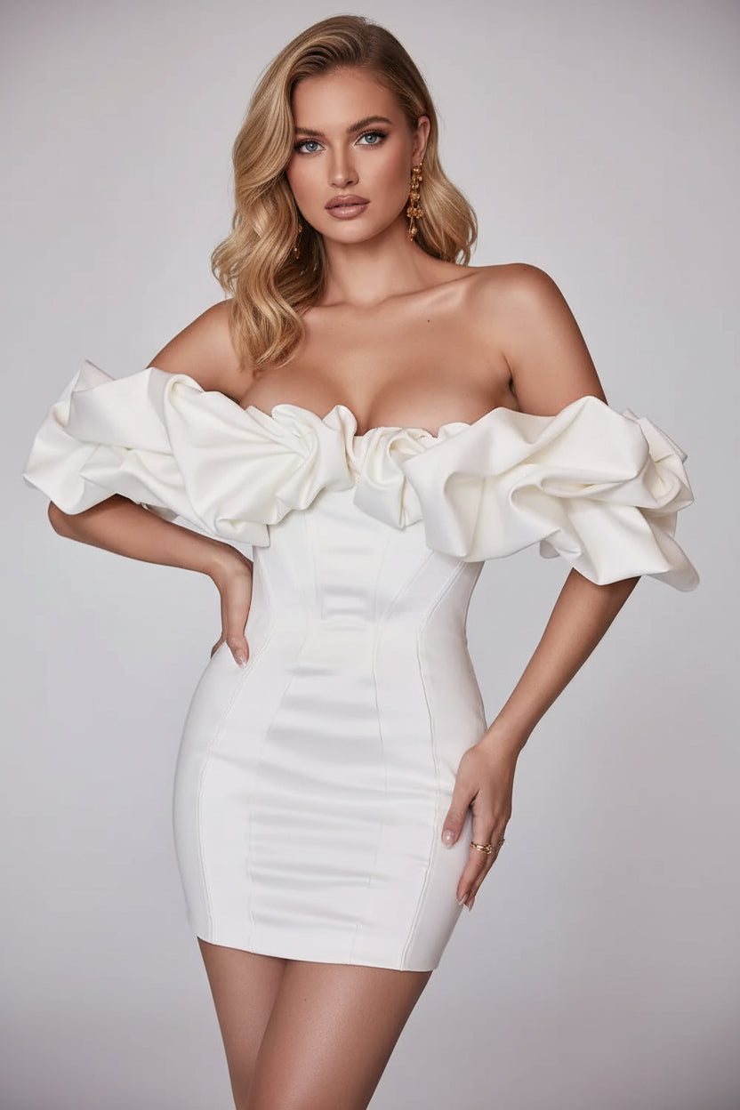 Stylish Bodycon Off-the-Shoulder Corset Ruffled White Short Homecoming Dress