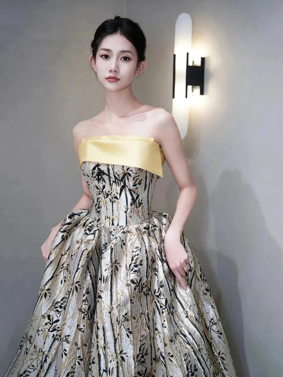 Stylish Printed Pattern Strapless A-Line Long Prom Dress Evening Party Dress