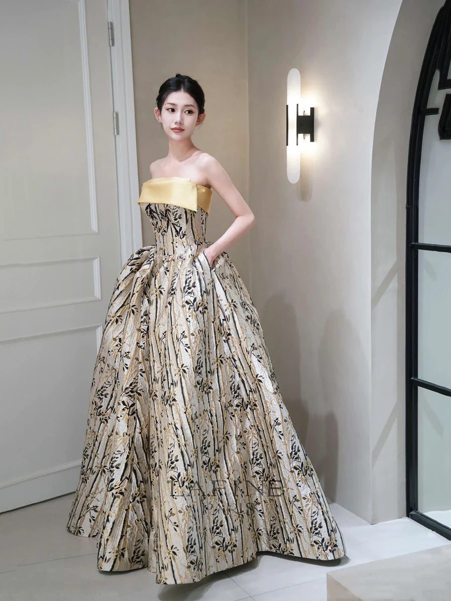 Stylish Printed Pattern Strapless A-Line Long Prom Dress Evening Party Dress