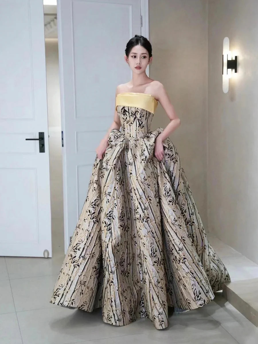 Stylish Printed Pattern Strapless A-Line Long Prom Dress Evening Party Dress