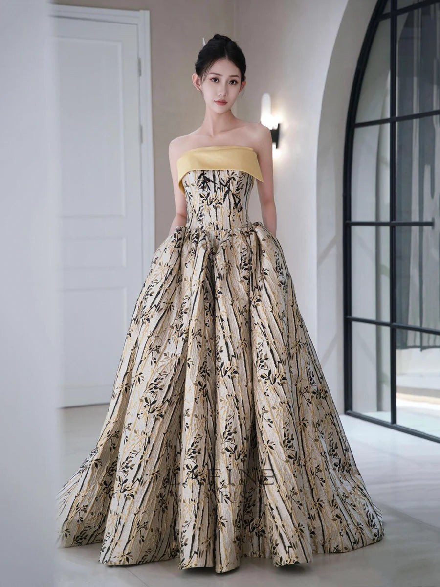 Stylish Printed Pattern Strapless A-Line Long Prom Dress Evening Party Dress