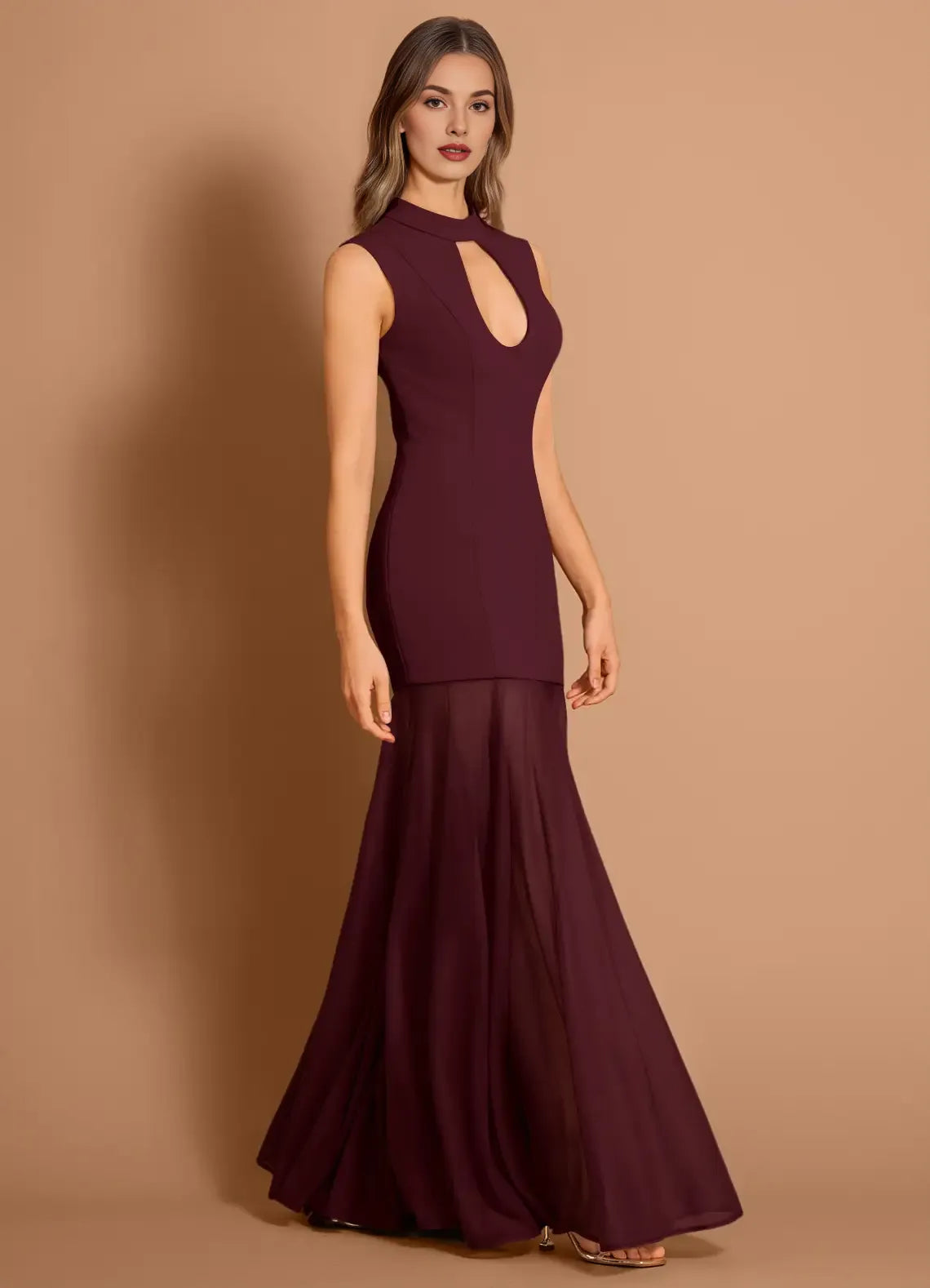 Stylish Round Neck Sleeveless Keyhole Chiffon Wine Maxi Evening Dress