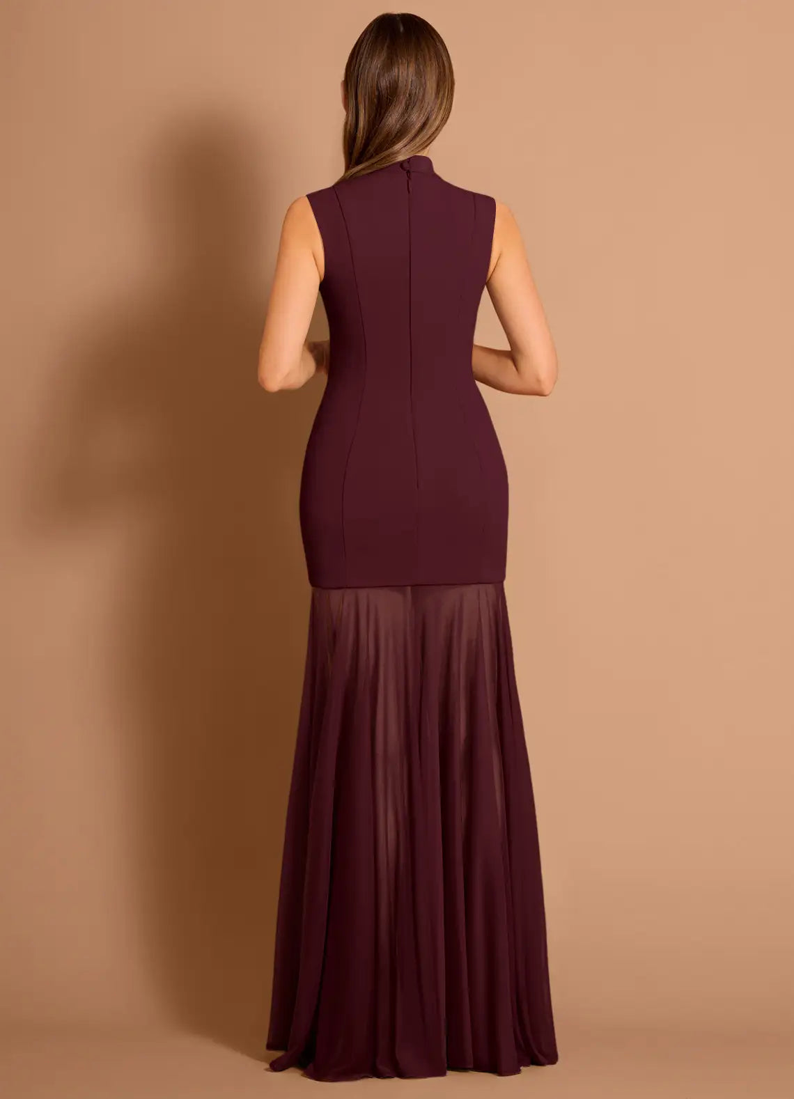 Stylish Round Neck Sleeveless Keyhole Chiffon Wine Maxi Evening Dress