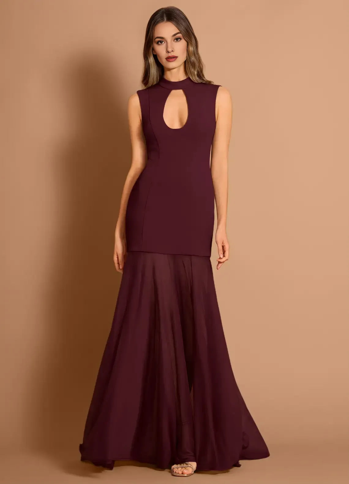 Stylish Round Neck Sleeveless Keyhole Chiffon Wine Maxi Evening Dress