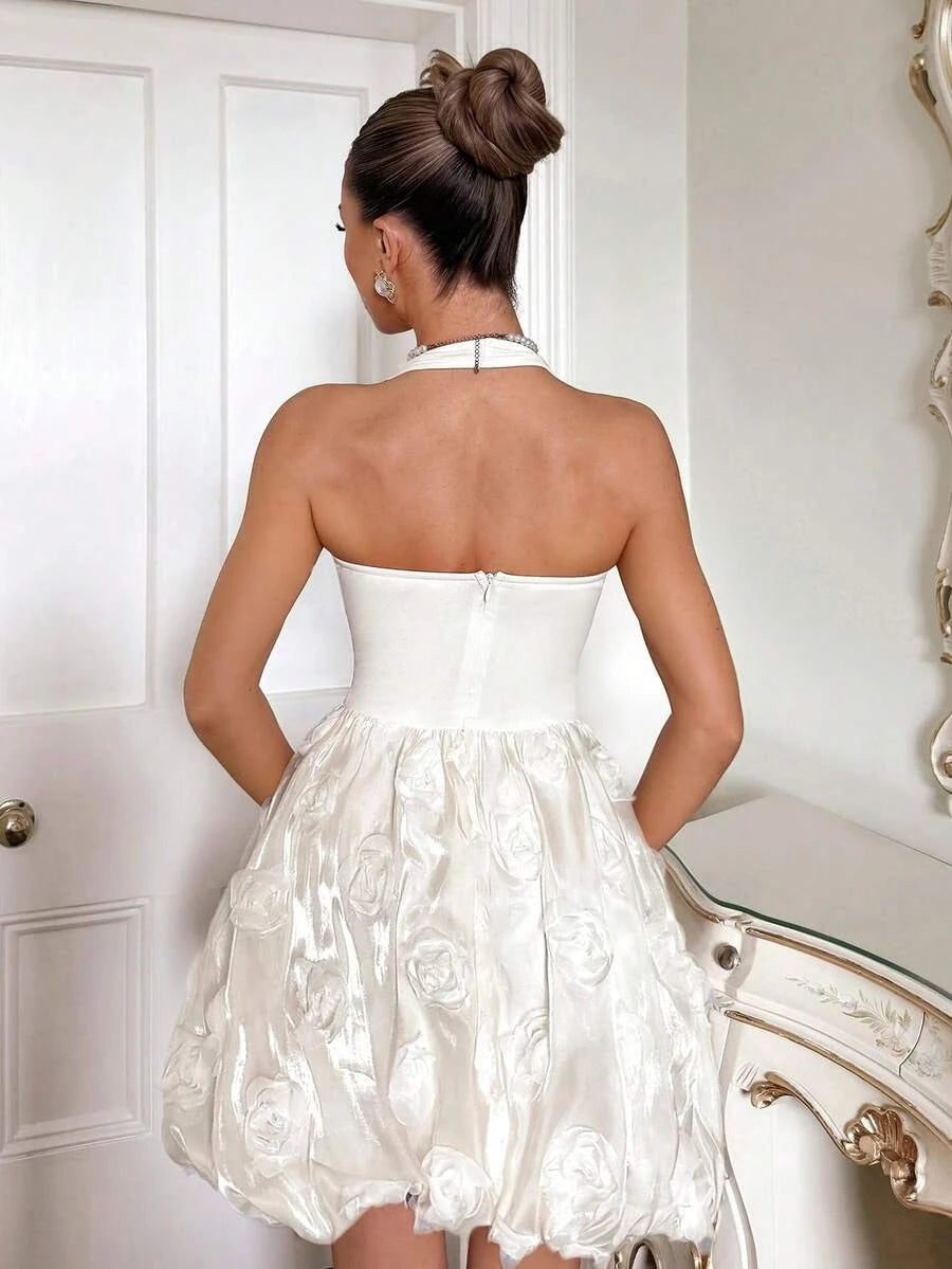 Stylish A-Line Halter 3D Applique Satin Organza White Short Homecoming Dresses