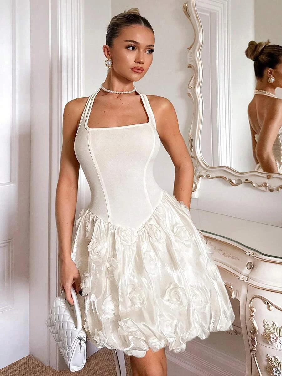 Stylish A-Line Halter 3D Applique Satin Organza White Short Homecoming Dresses