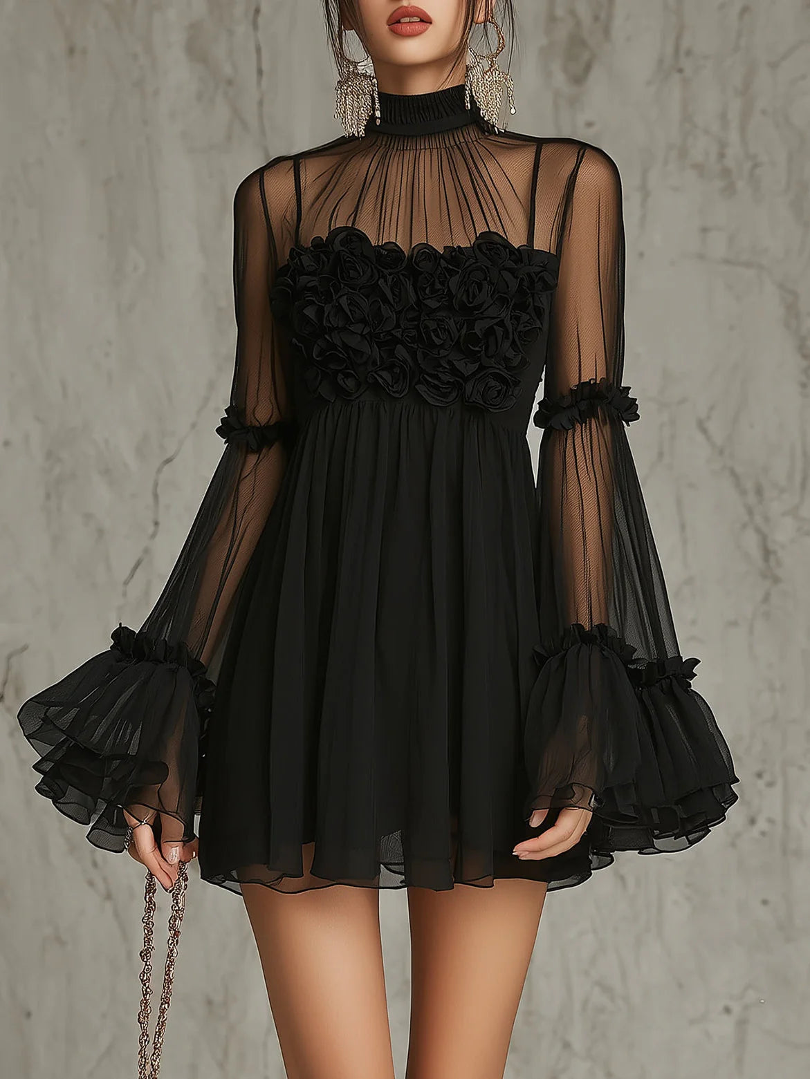 Stylish A-Line High Neck Long Sleeve 3D Floral Ruffled Black Mini Homecoming Dress