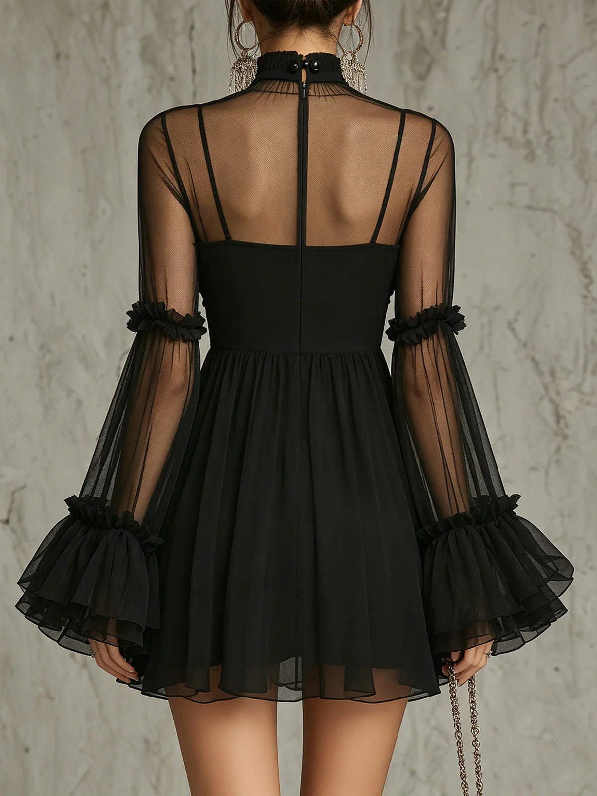 Stylish A-Line High Neck Long Sleeve 3D Floral Ruffled Black Mini Homecoming Dress