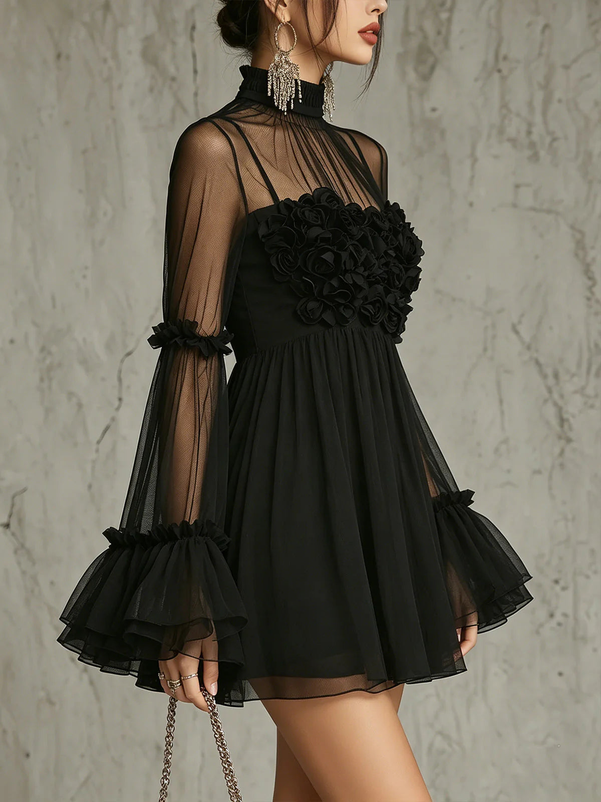 Stylish A-Line High Neck Long Sleeve 3D Floral Ruffled Black Mini Homecoming Dress