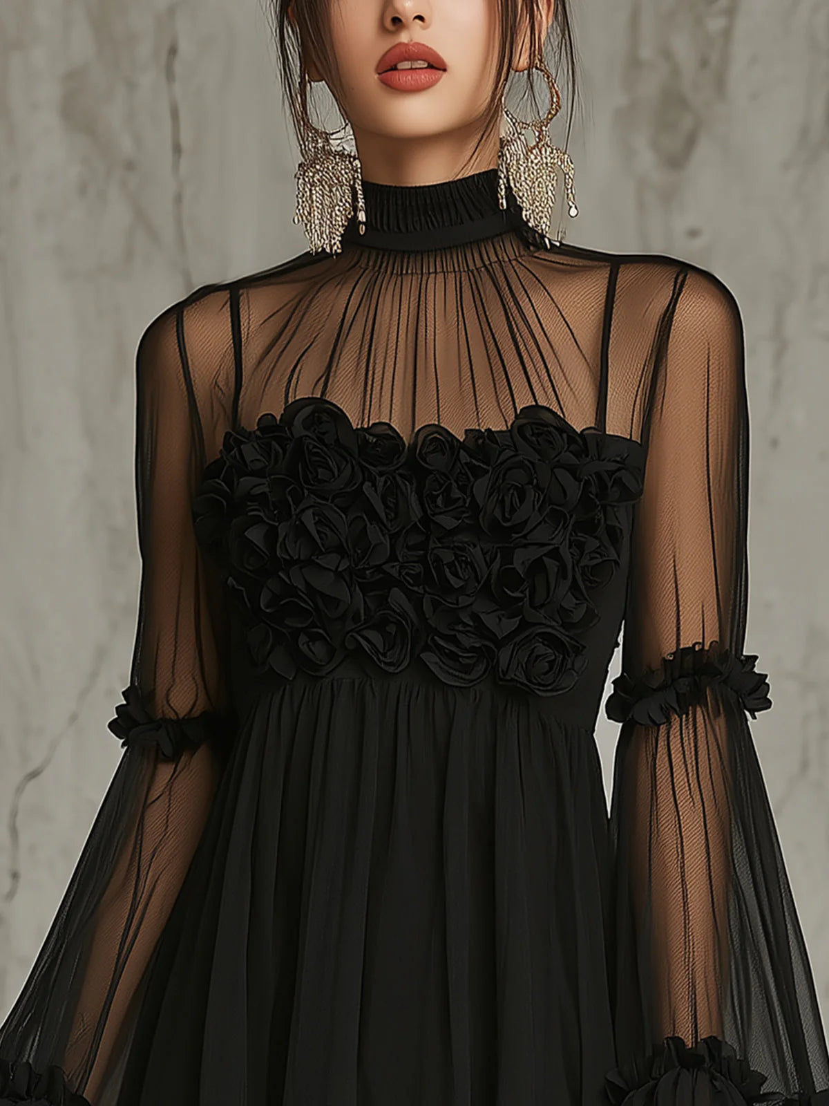 Stylish A-Line High Neck Long Sleeve 3D Floral Ruffled Black Mini Homecoming Dress