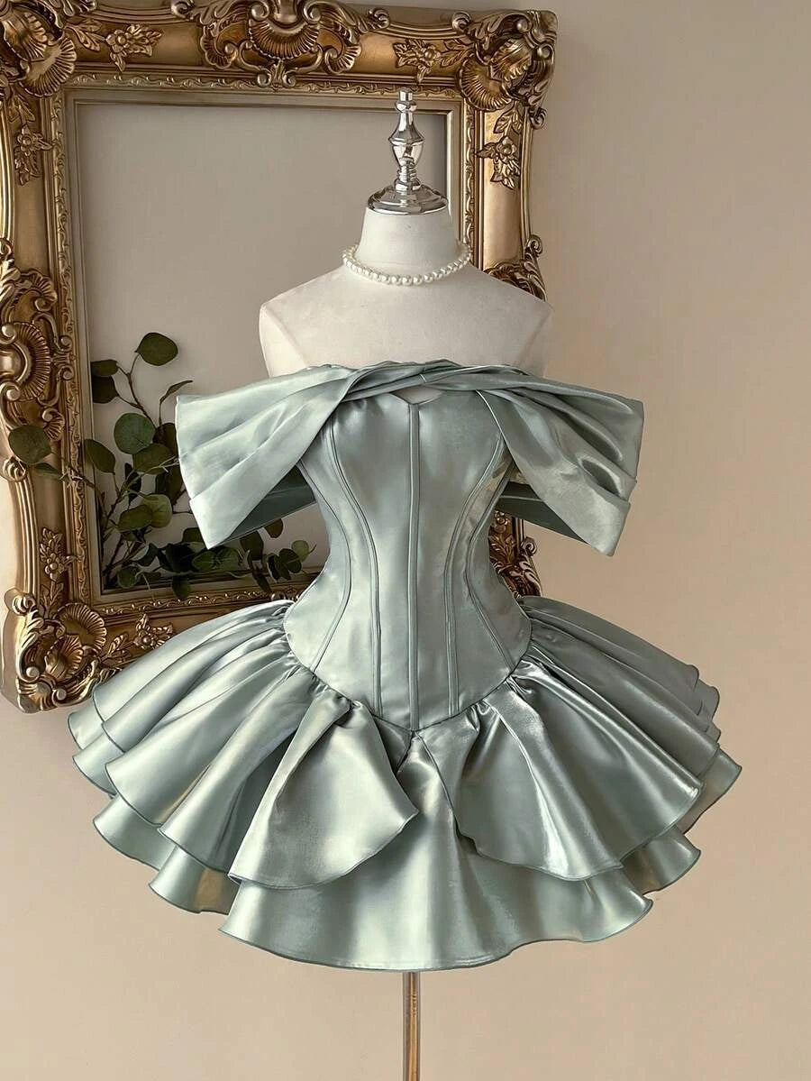 Stylish A-Line Off-Shoulder Corset Ruffled Satin Sage Green Short Homecoming Dress