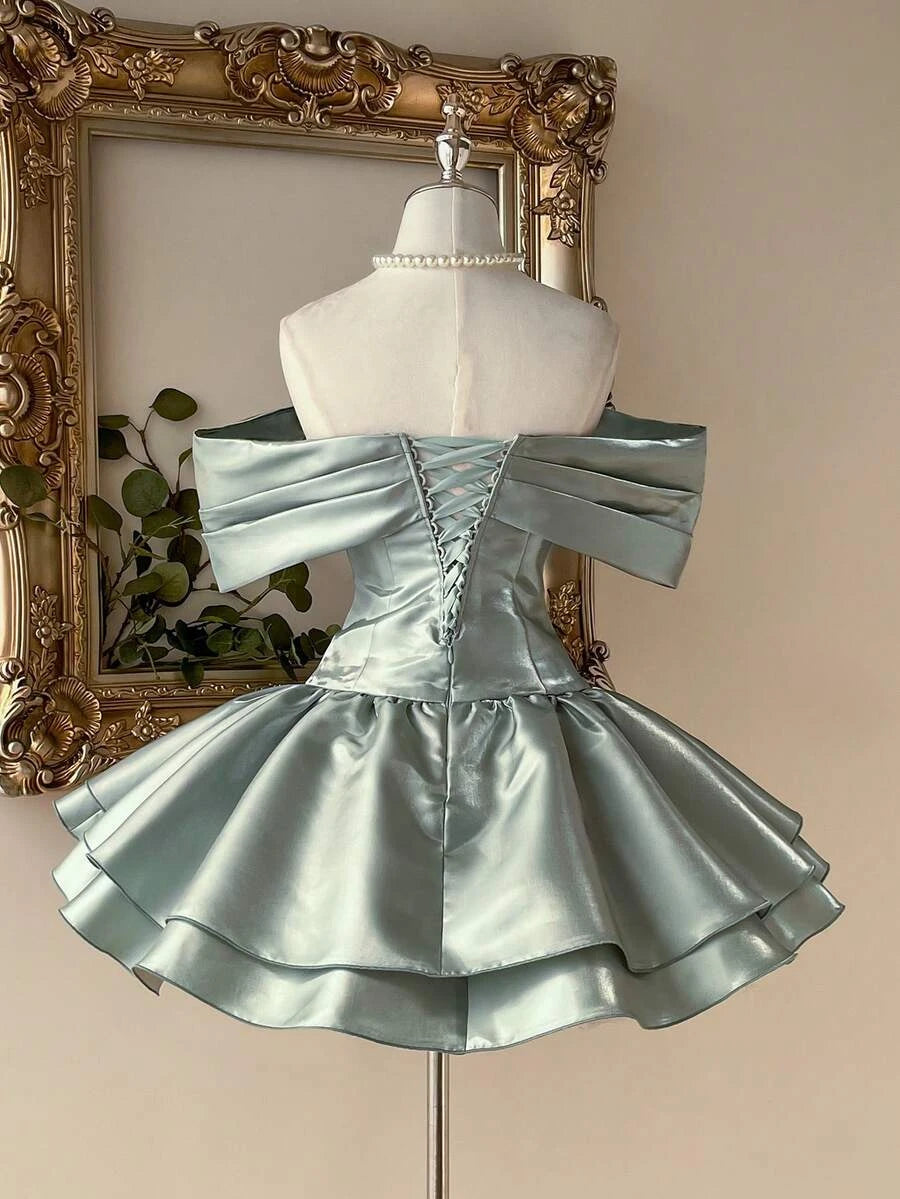 Stylish A-Line Off-Shoulder Corset Ruffled Satin Sage Green Short Homecoming Dress