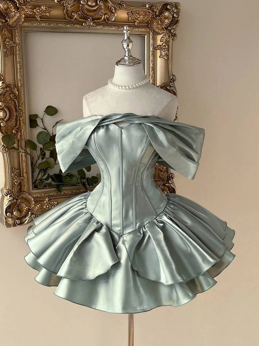 Stylish A-Line Off-Shoulder Corset Ruffled Satin Sage Green Short Homecoming Dress