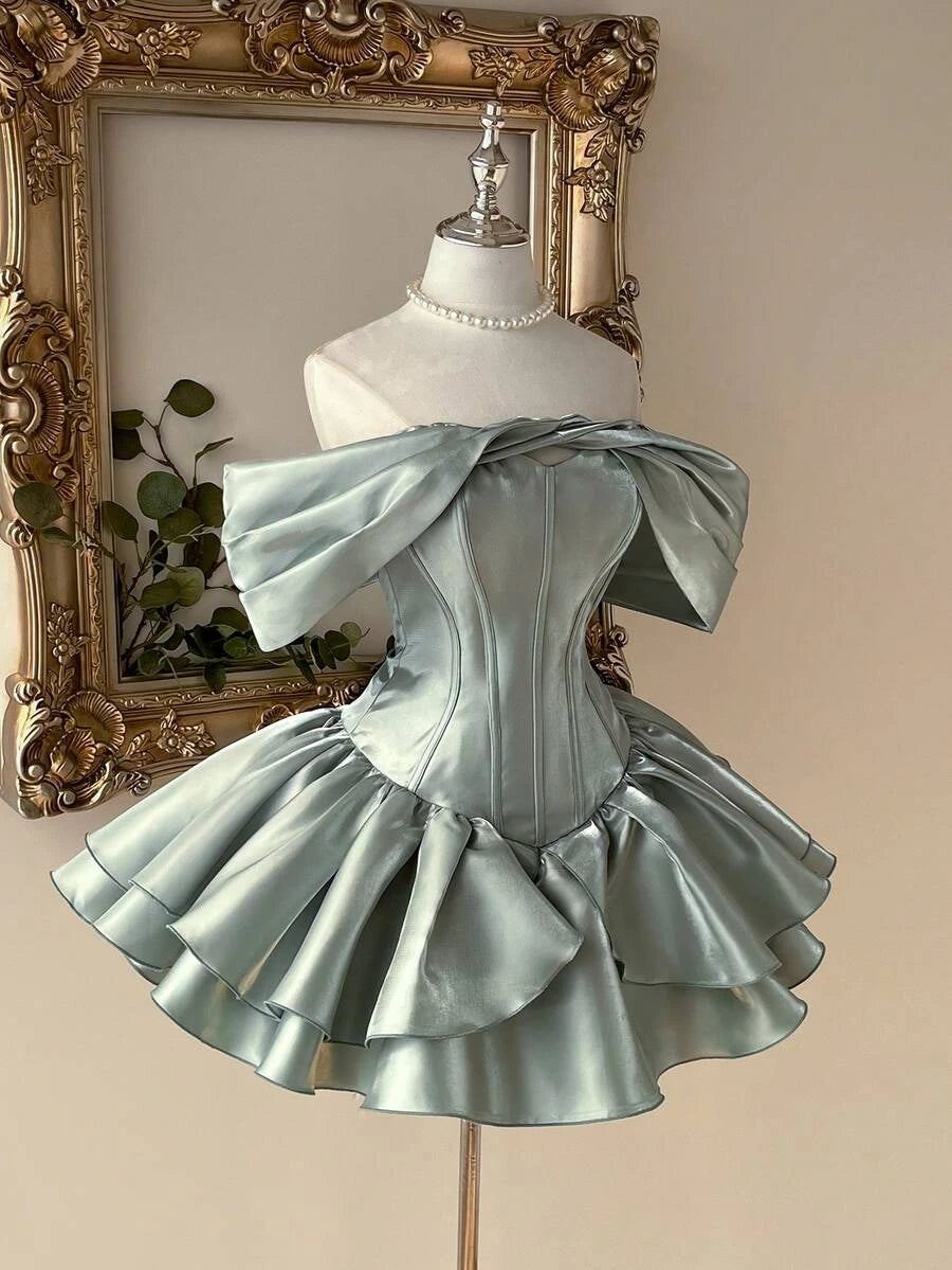Stylish A-Line Off-Shoulder Corset Ruffled Satin Sage Green Short Homecoming Dress