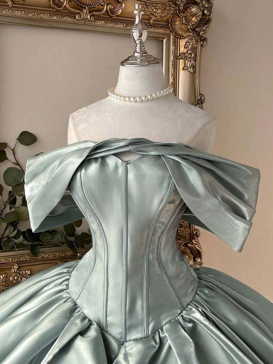 Stylish A-Line Off-Shoulder Corset Ruffled Satin Sage Green Short Homecoming Dress