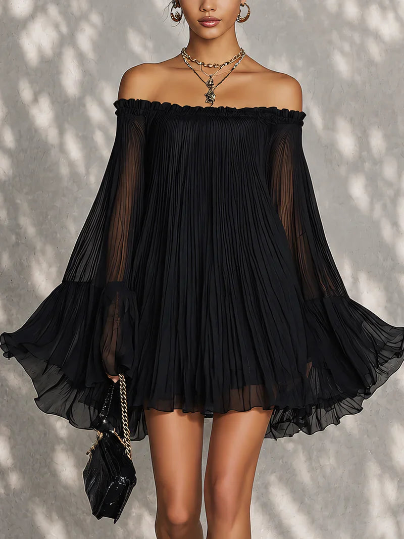Stylish A-Line Off-Shoulder Long Sleeve Pleated Ruffled Black Mini Homecoming Dresses