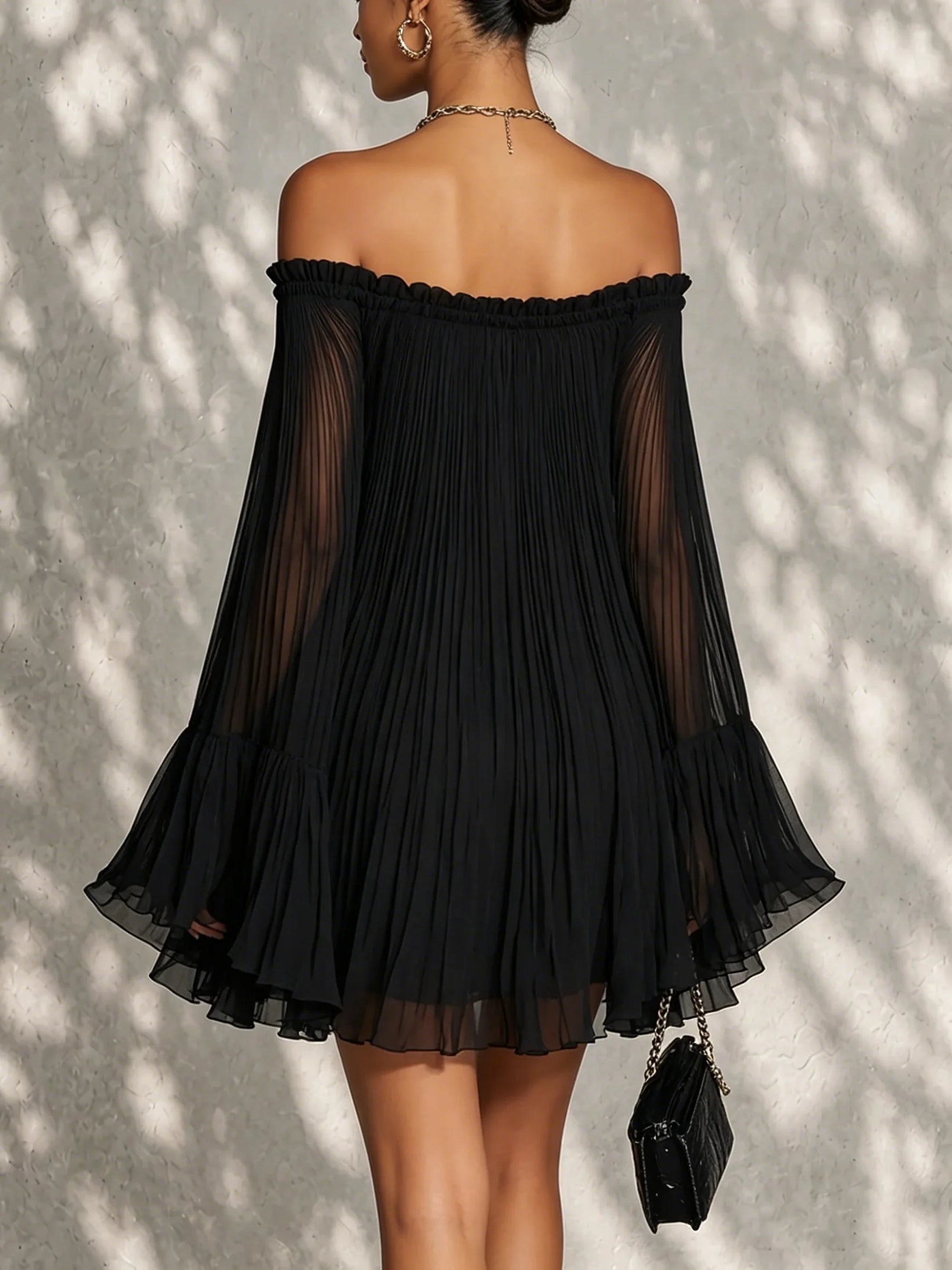 Stylish A-Line Off-Shoulder Long Sleeve Pleated Ruffled Black Mini Homecoming Dresses