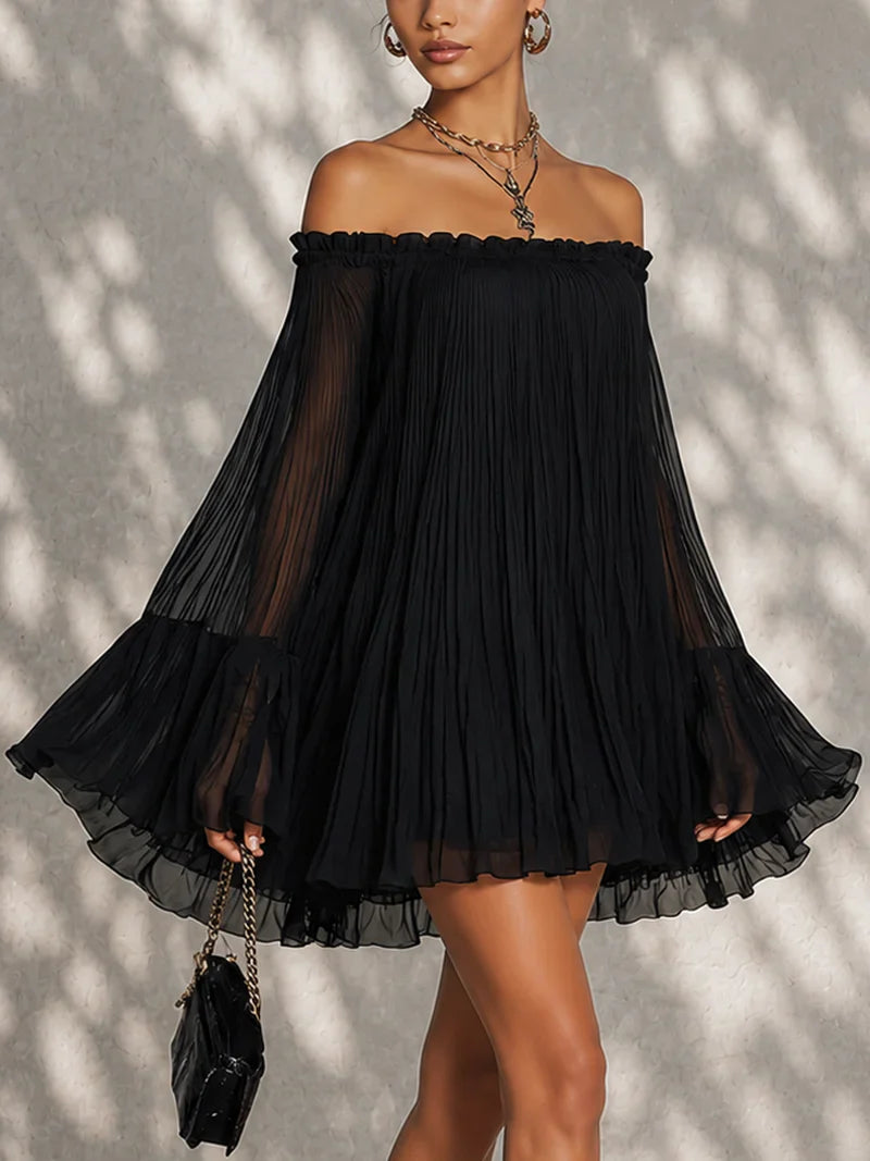 Stylish A-Line Off-Shoulder Long Sleeve Pleated Ruffled Black Mini Homecoming Dresses