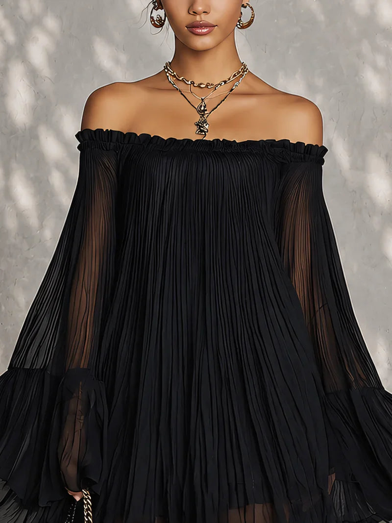 Stylish A-Line Off-Shoulder Long Sleeve Pleated Ruffled Black Mini Homecoming Dresses