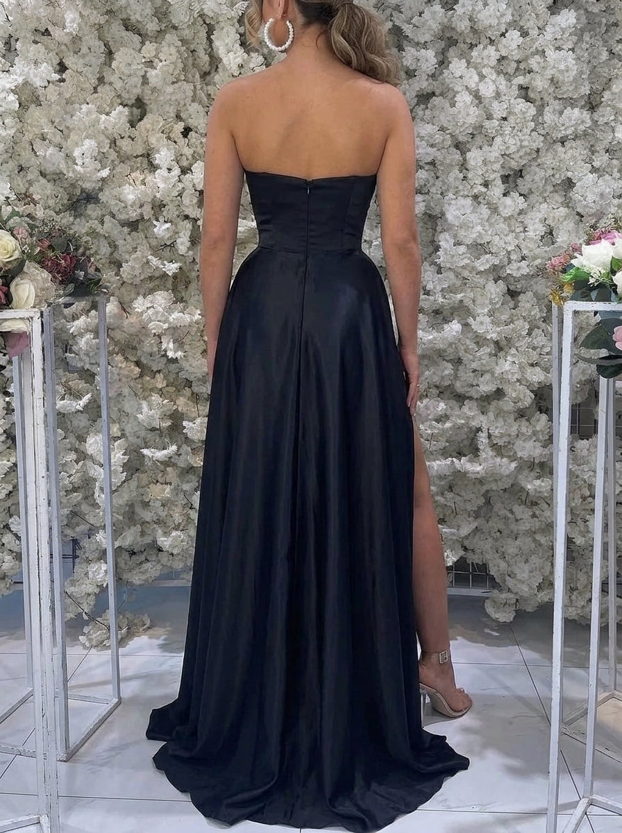 Stylish A-Line Plunge V-Neck High Slit Black Floor-Length Prom Dress With Beaded