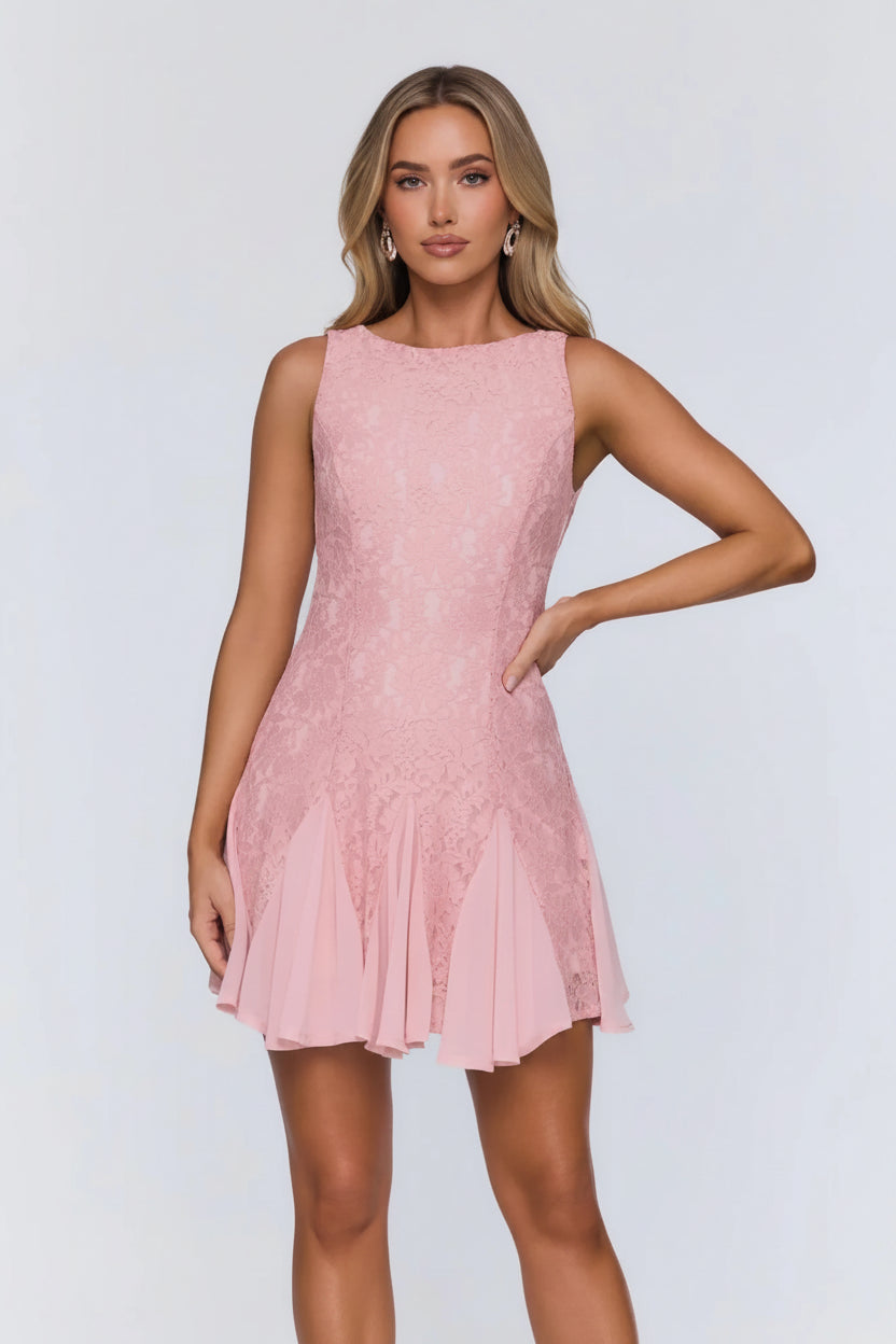 Stylish A-Line Round Neck Pleated Keyhole Back Lace Pink Short Homecoming Dress