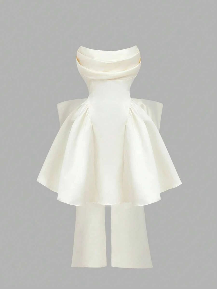 Stylish A-Line Strapless Bow-Back Draped Satin Ivory Short Homecoming Dresses