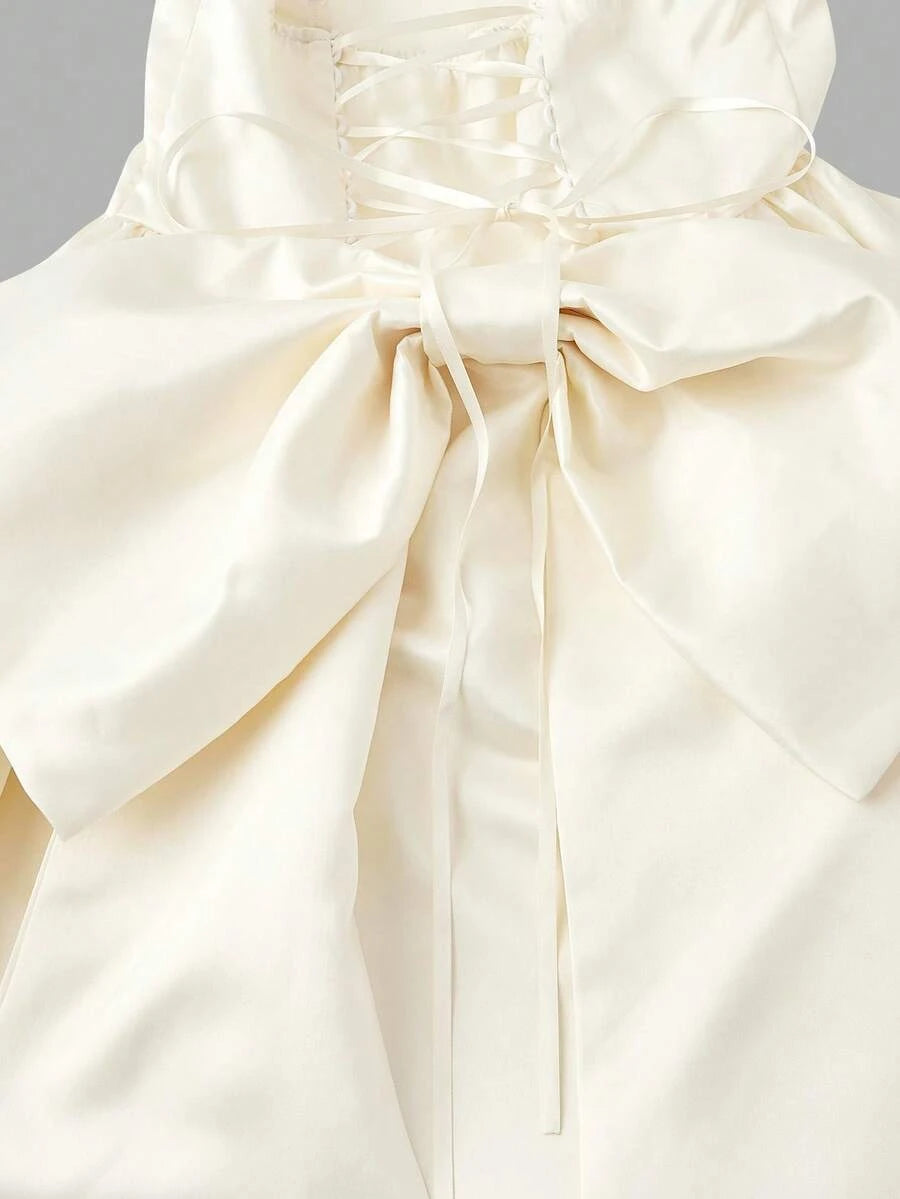 Stylish A-Line Strapless Bow-Back Draped Satin Ivory Short Homecoming Dresses