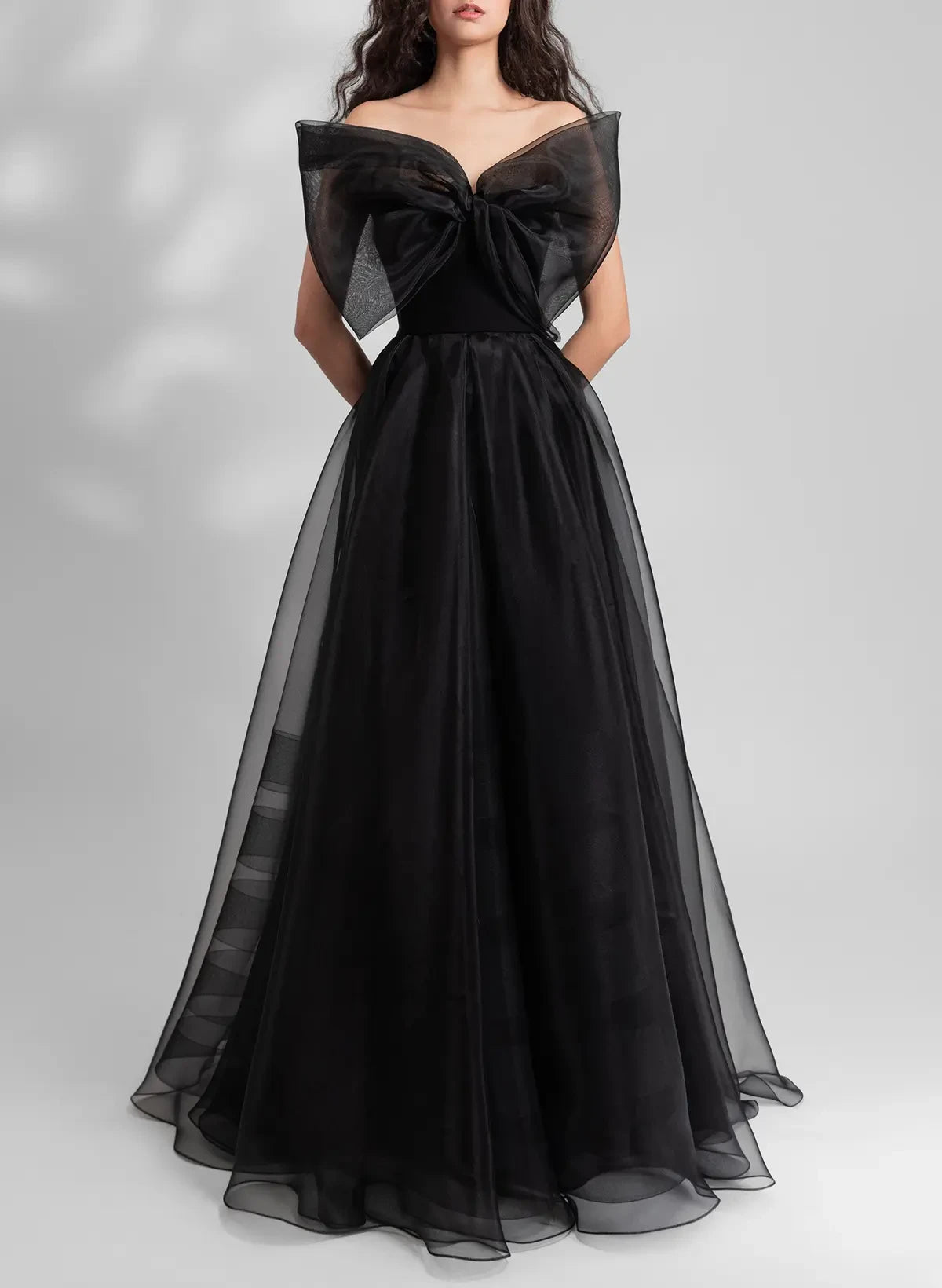 Stylish A-Line Strapless Bow Organza Black Floor-Length Prom Dress Ready To Ship